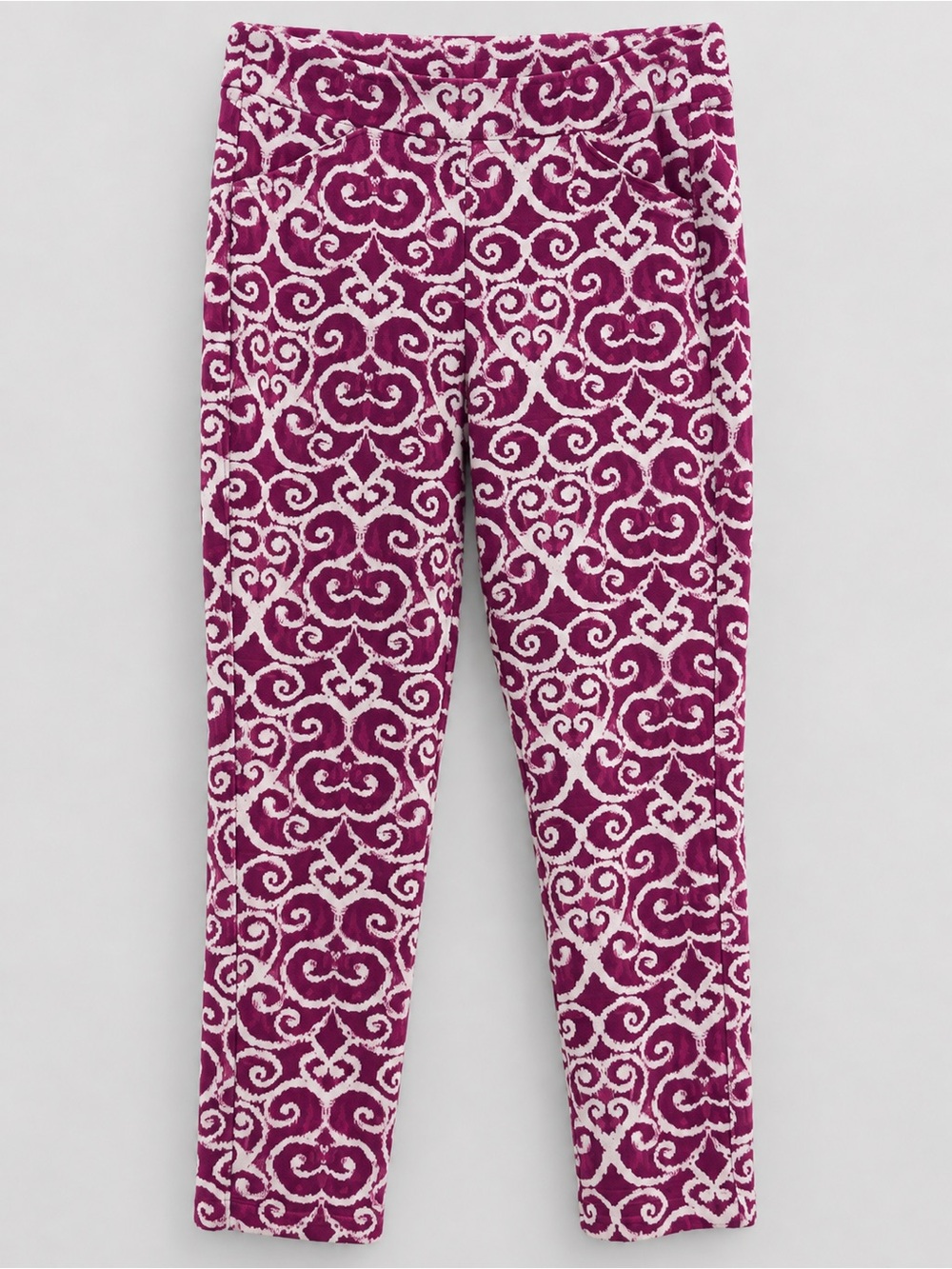Chico’s Travelers Purple White Scroll Ikat Pull On Ankle Pants Size 2 Large